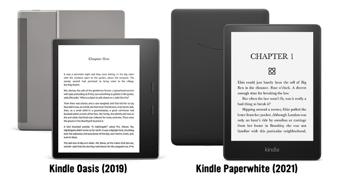 Kindle Oasis vs. Paperwhite photos side by side.  The Oasis is labeled 2019 and the Paperwhite is labeled 2021.