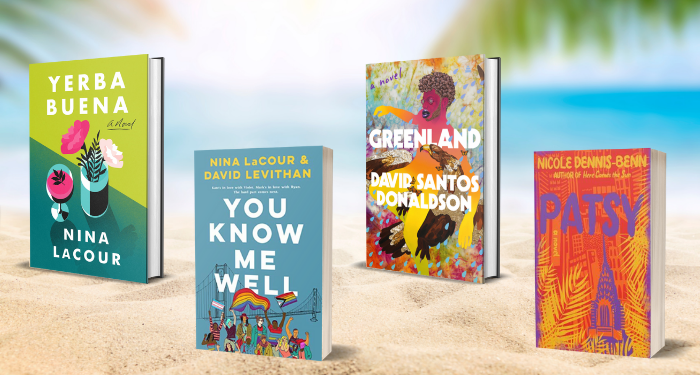 a graphic of four books on the beach
