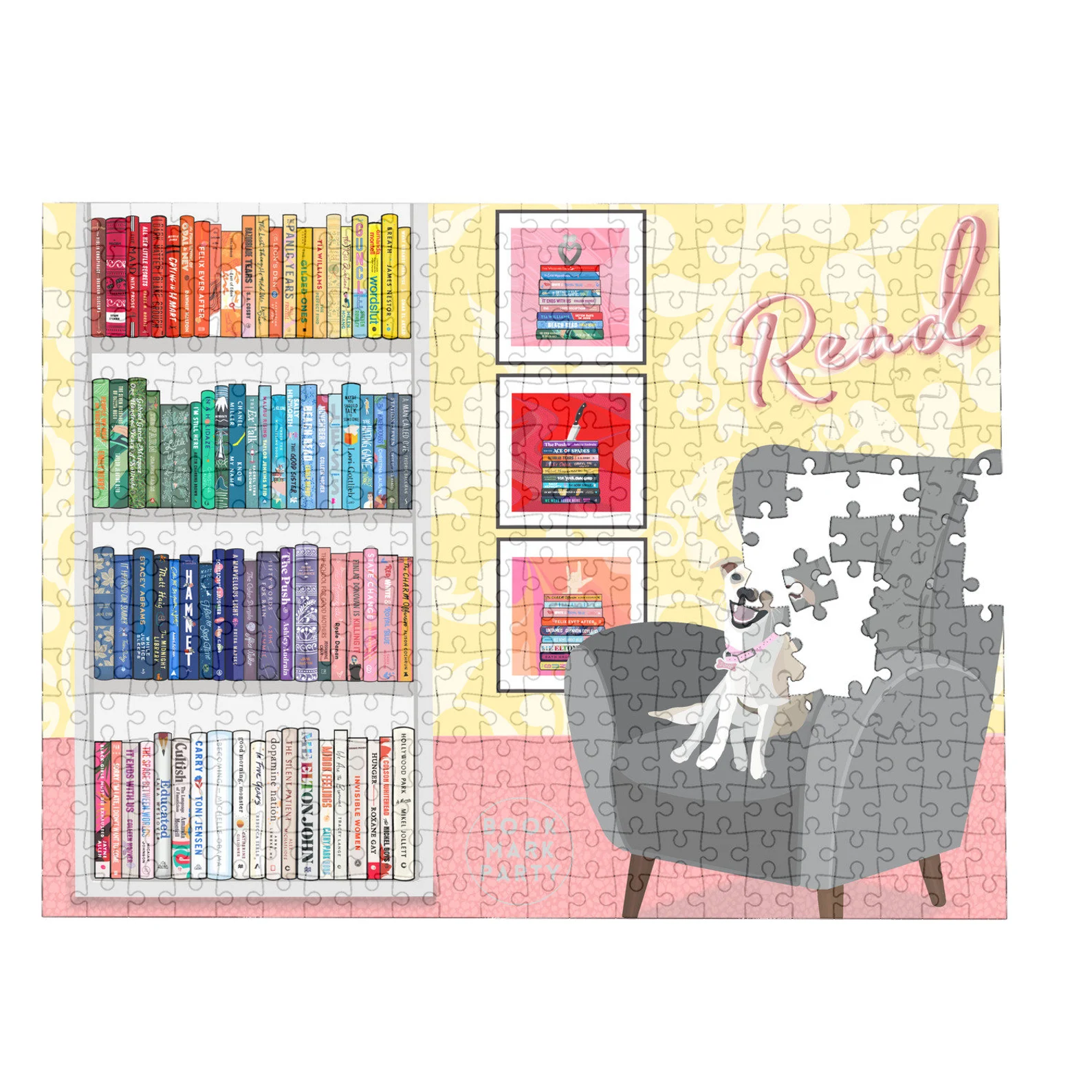 a puzzle depicting a reading nook boasting rainbow colored shelves