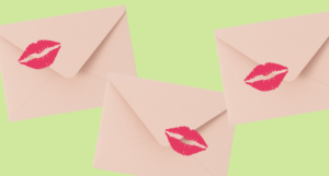 an image of pink envelopes with lipstick kisses against a pale green background, in the style of the I Kissed Shara Wheeler cover