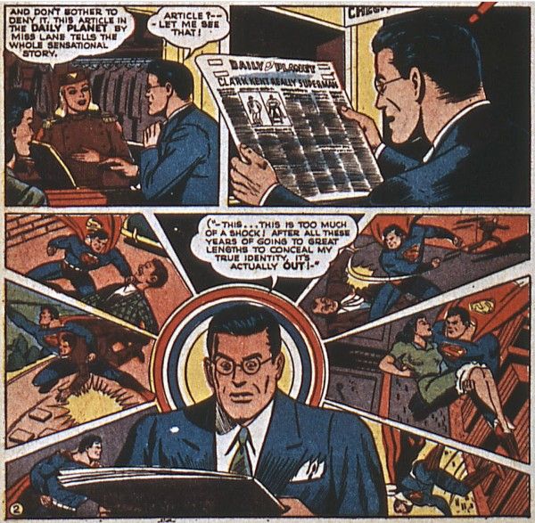 Three panels from Superman #20. Panel 1: The hat-check girl holds up a newspaper to show Clark, while Lois watches. Hat-Check Girl: And don't bother to deny it. This article in the Daily Planet by Miss Lane tells the whole sensational story. Clark: Article? - Let me see that! Panel 2: Clark reads the article, with the headline of "Clark Kent Really Superman." He is so shocked an exclamation mark appears over his head. Panel 3: Clark stares at the newspaper as a collage of images of him as Superman, fighting villains and saving Lois, appears behind his head. Clark, thinking: This...this is too much of a shock! After all these years of going to great lengths to conceal my true identity, it's actually out!"