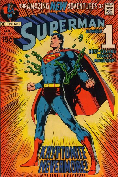 The cover to Superman #233. Superman is pulling his arms back and thrusting out his chest to break the heavy kryptonite chains that were wrapped around him. The caption reads 