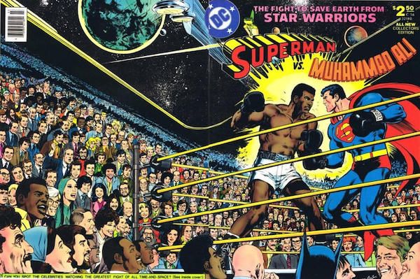 The wraparound cover for Superman vs. Muhammad Ali, showing the back of the book as well as the front. Superman faces off against a young Muhammad Ali in a boxing ring, with an enormous crowd of people from all around the world watching. There is a space scene overhead. The top of the cover reads "The fight to save Earth from Star-Warriors."