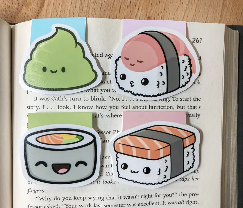 Image of 4 different types of sushi bookmarks. 