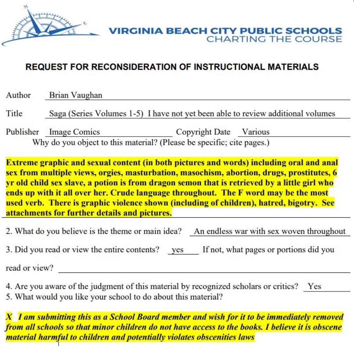 Image of formal complaint from VA Beach school board member about SAGA. 