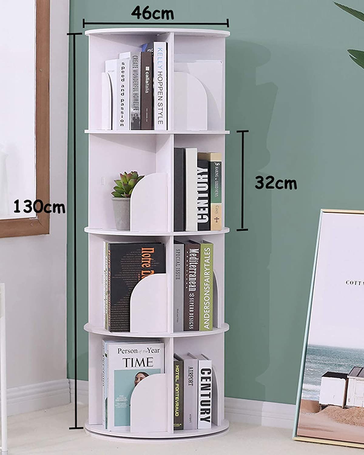 4 tier white rotating bookshelf with stackable shelves