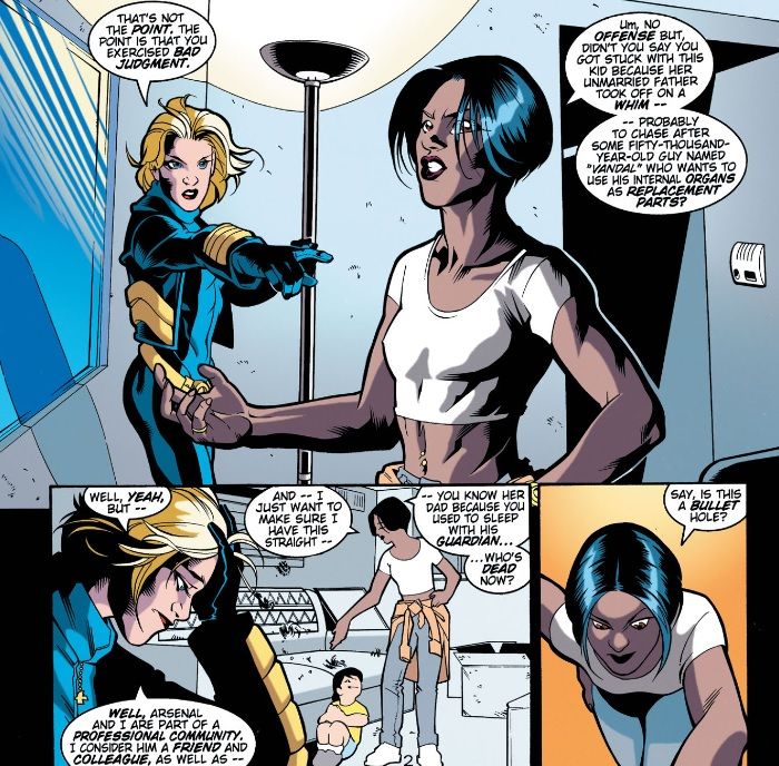 From Arsenal #2. Chanda runs down Arsenal's many shortcomings to an exasperated Black Canary.