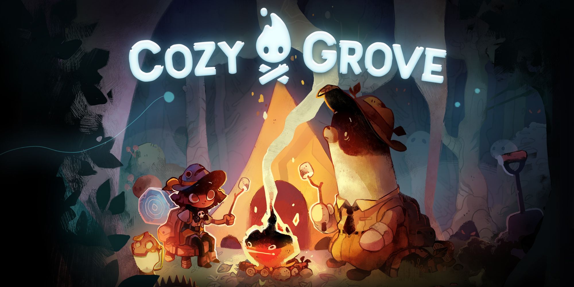 the cover of Cozy Grove, showing a camper and a bear at a campire