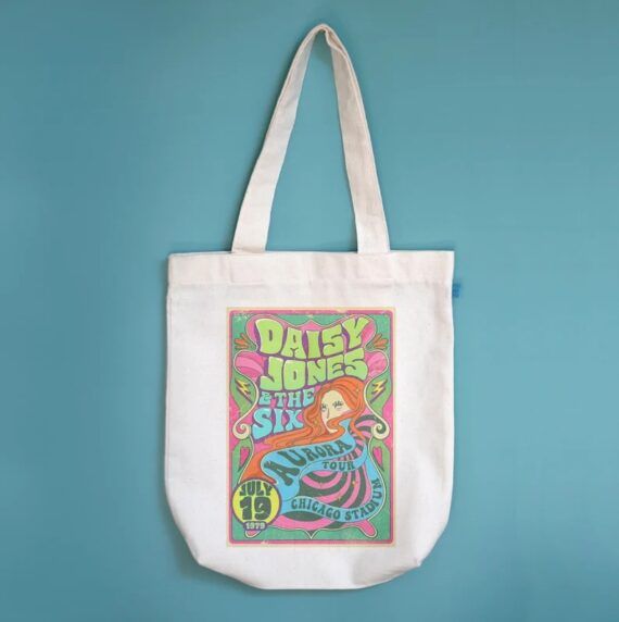 Tote bag with a colorful illustration of Daisy from Daisy Jones & The Six