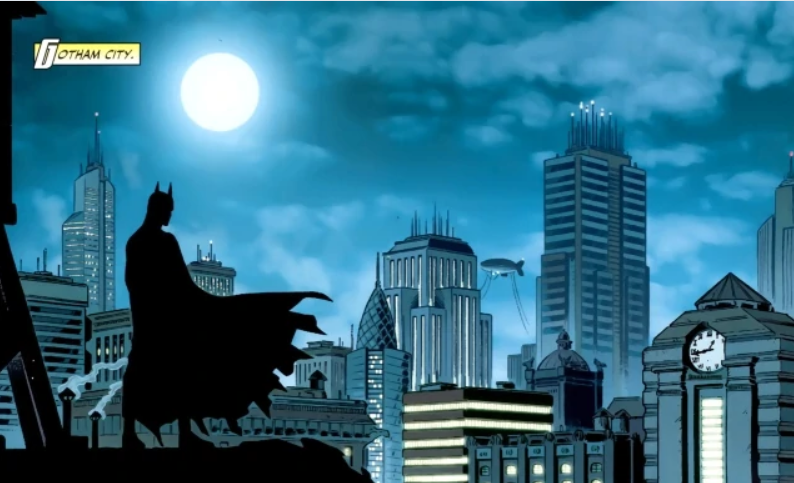 From Wikipedia. An image of Batman looking out over Gotham by night. A blimp flies in the background.
