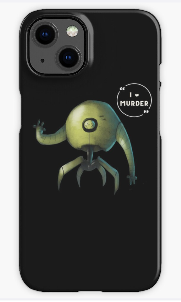 A black phone case with a fantastical space creature. Above its head, a speech bubble says 