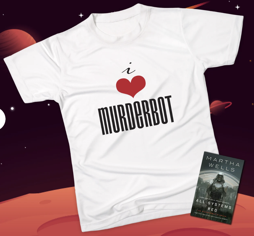 A white t-shirt with "i heart MURDERBOT" in black letters with a red heart.