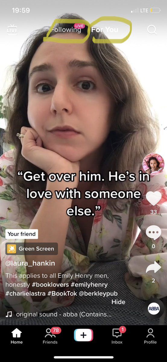 Screen cap of a TikTok by author Laura Hankin, highlighting the For You and Following tabs at the top of the home feed.
