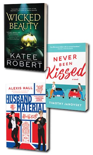 Collage of book covers for 
Wicked Beauty by Katee Robert, Never Been Kissed by Timothy Janovsky, and Husband Material by Alexis Hall