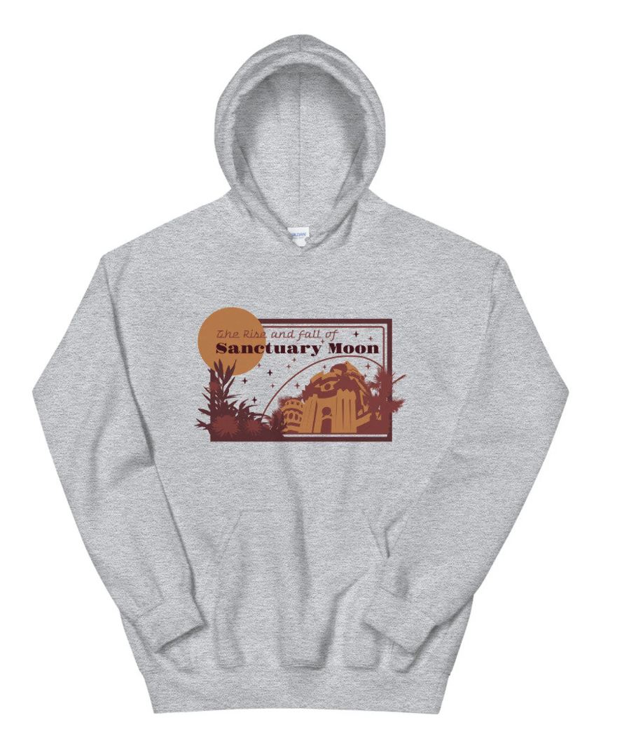 A grey adult-sized hoodie with an orange and red graphic that reads "The Rise and Fall of Sanctuary Moon"