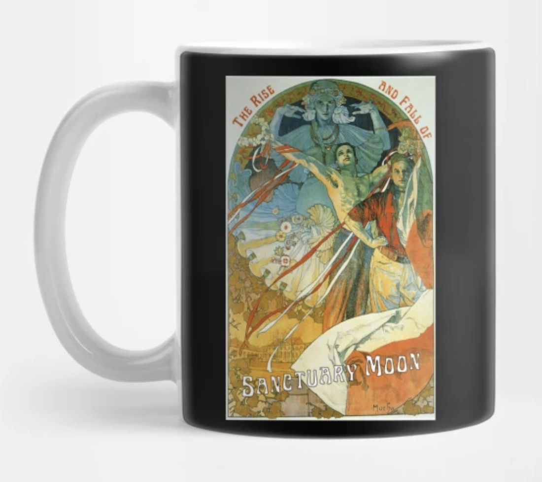 A mug with an Art Nouveau-style poster for The Rise and Fall of Sanctuary Moon