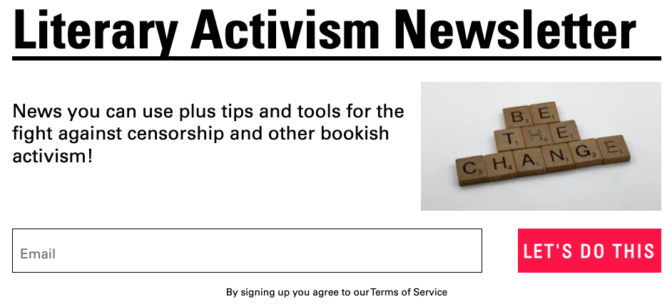 a screenshot of the Literary Activism newsletter sign up page