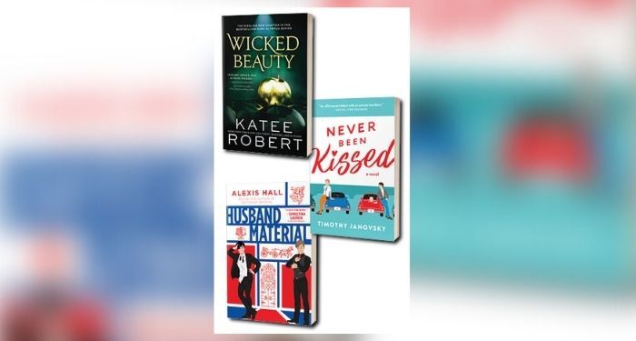 Collage of book covers for Wicked Beauty by Katee Robert, Never Been Kissed by Timothy Janovsky, and Husband Material by Alexis Hall
