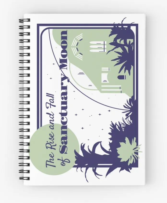 A spiral journal with a logo for The Rise and Fall of Sanctuary Moon on the cover 