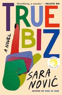 A graphic of the cover of True Biz; a colorful illustration of a hand signing