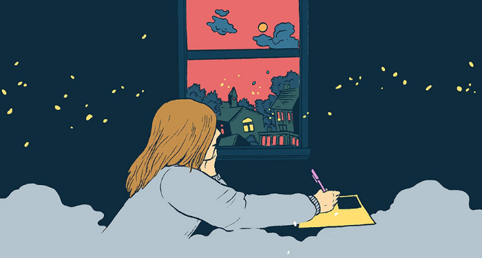 a cropped cover of Alone In Space, showing someone writing and looking out the window