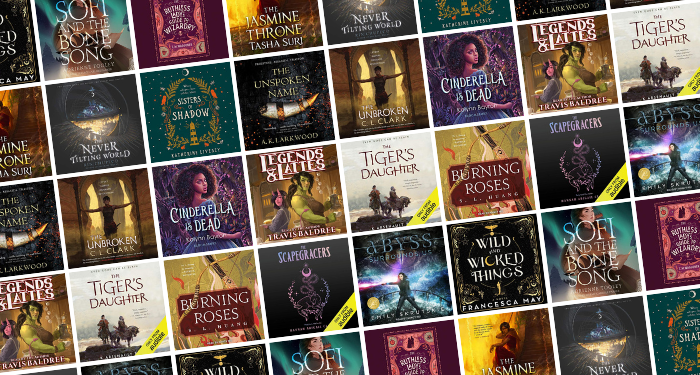 a collage of the covers of the lesbian fantasy audiobooks listed