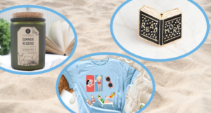 a collage of photos of bookish Etsy items against a sand background