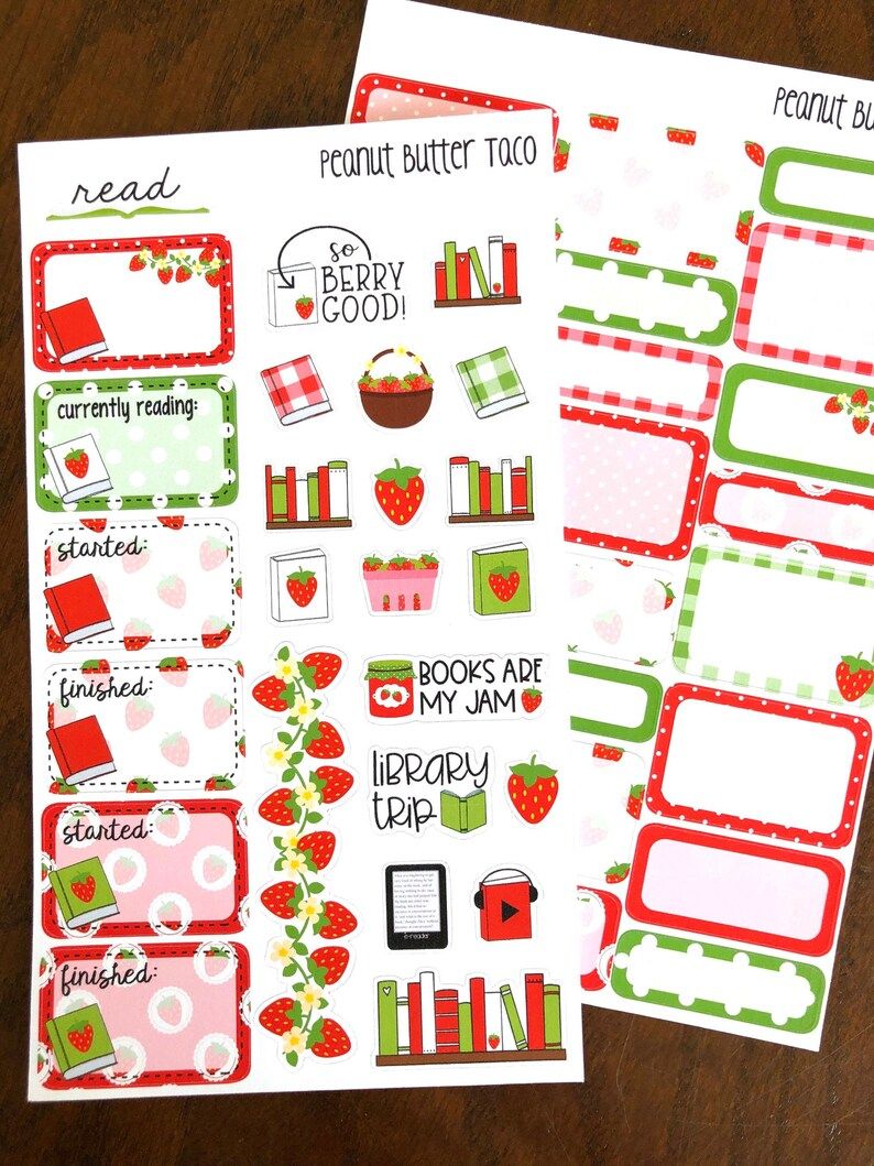 Two sheets of planner stickers, all with a strawberry theme. 