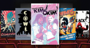 a collage of the covers of the comics listed with movie theater seats in the background