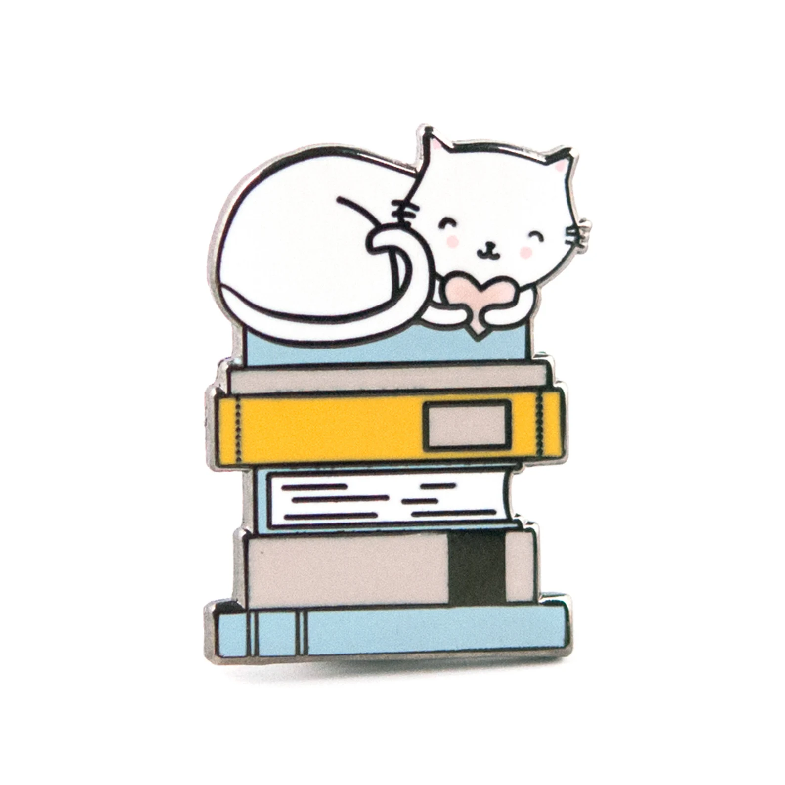 An enamel pin with pastel book spines and a white cat