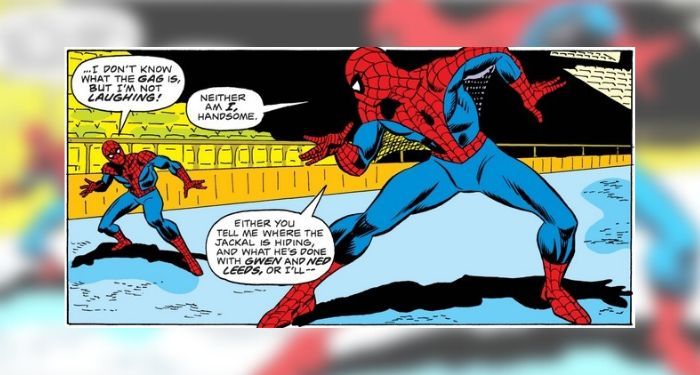 From Amazing Spider-Man #149. Two Spider-Men stare at each other from across an empty stadium. One demands to know where his missing friends are.