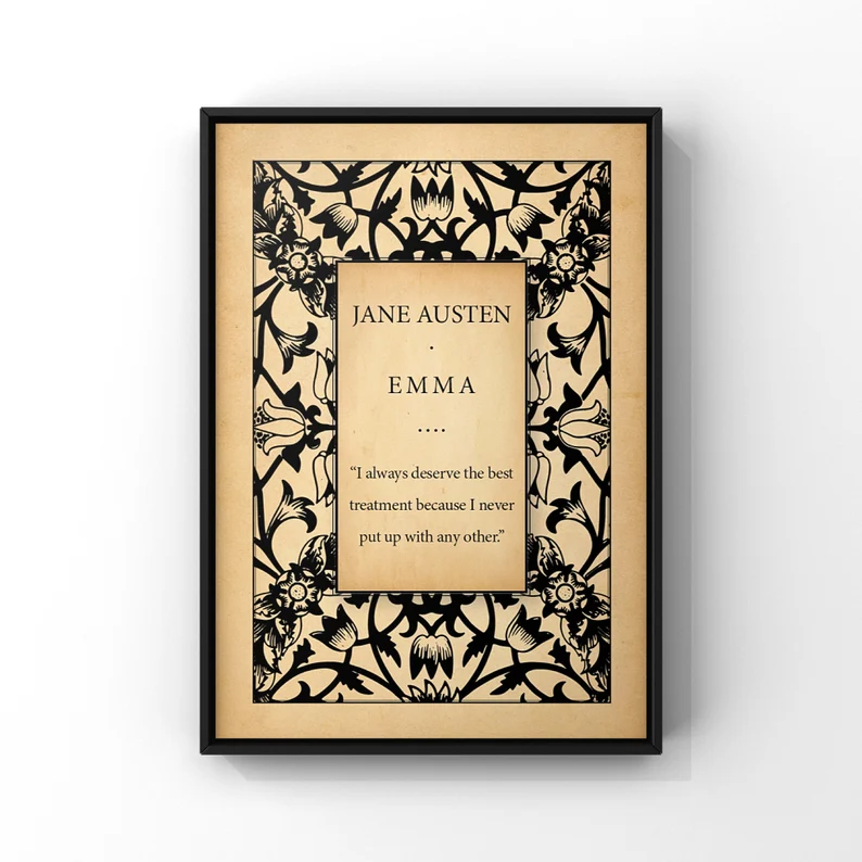 photo of a wall print with a vintage cover of Emma and a quote