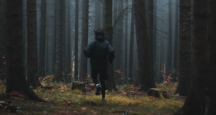 a photo of someone running in the woods