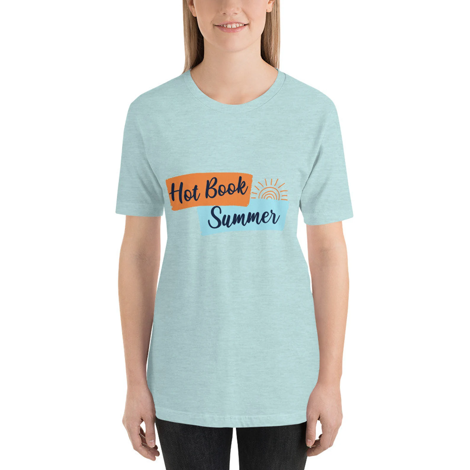 A pale blue green T-shirt that reads "Hot book summer"