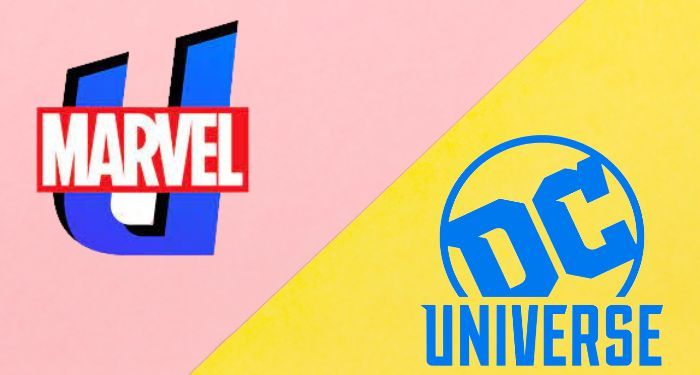 marvel and DC universe logos on pink and yellow backgound