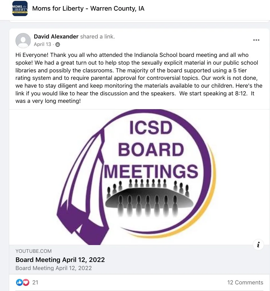 Image from the Moms For Liberty, Warren, IA group about their successful board meeting with the ratings system. 