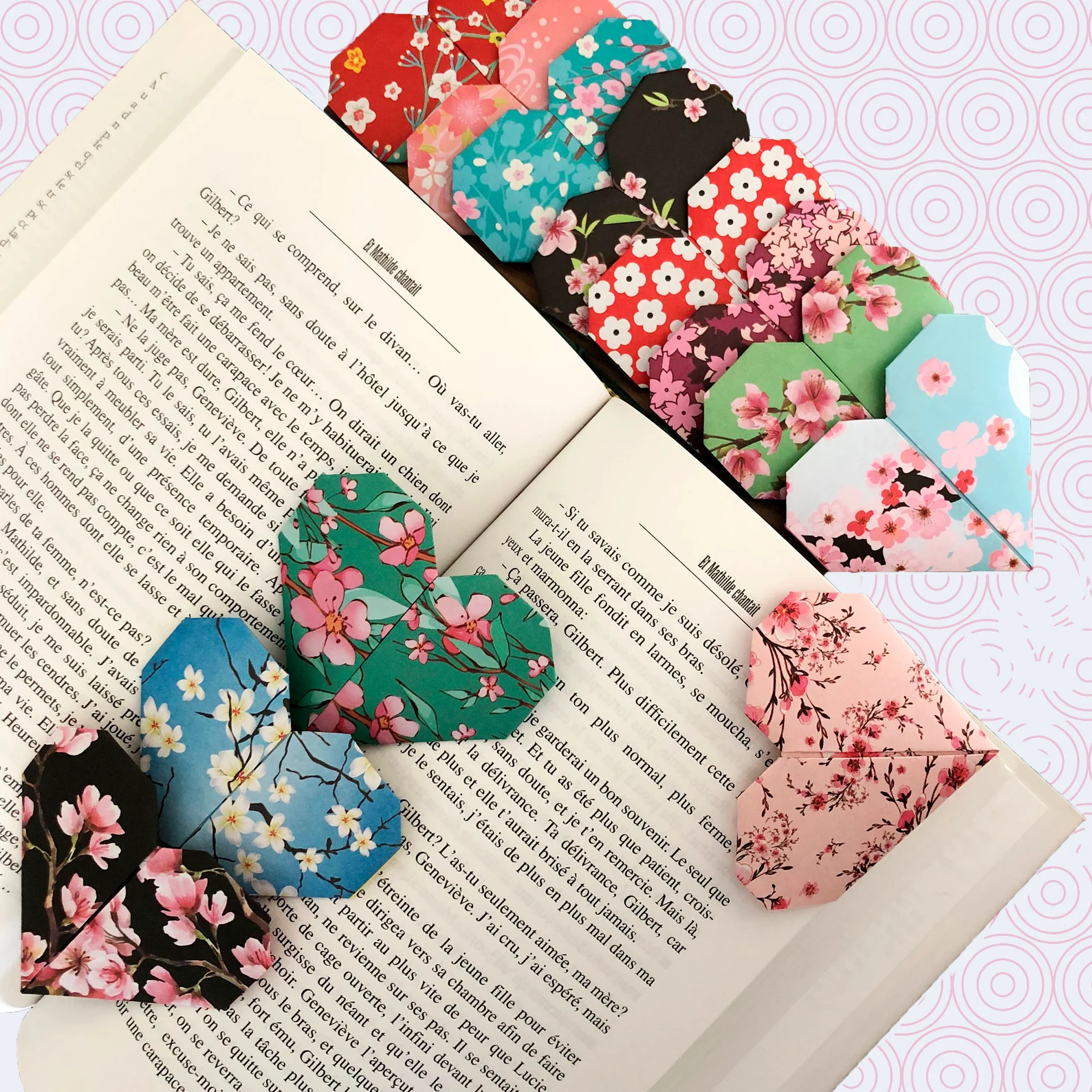 Heart shaped corner bookmarks in a variety of floral patterns