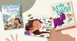 three picture book covers against an abstract background