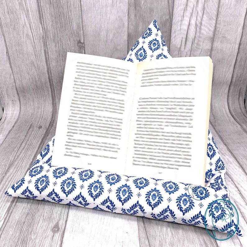 Image of a blue and white book holder pillow.