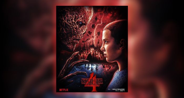 promotional poster for season 4 of Stranger Things, showing Millie Bobbie Brown facing a red scaly monster with assorted cast members in the background