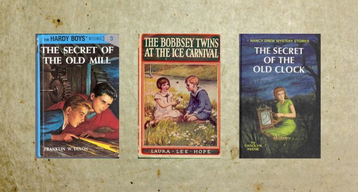 book covers for hardy boys, bobsey twins, and nancy drew