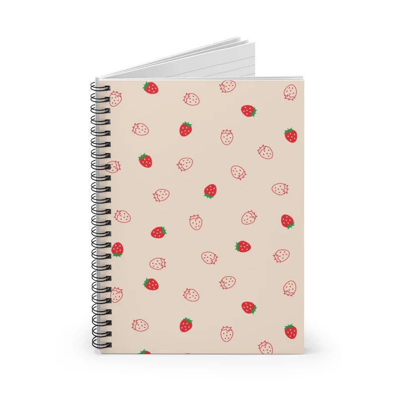 Image of a spiral notebook with strawberries on it. 