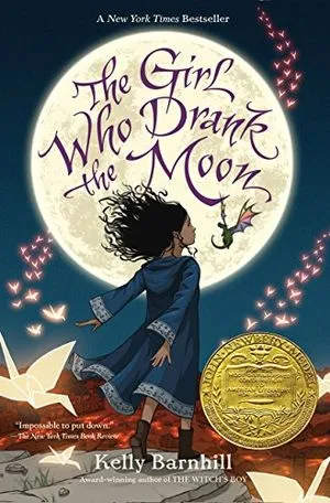 cover of The Girl Who Drank the Moon by Kelly Barnhill, showing a young girl in a blue dress silhouetted by the moon