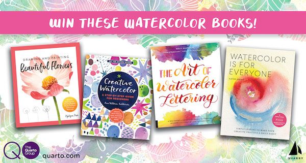 Floral watercolor background with a pink banner reading “Win these watercolor books!” above the book covers for Drawing and Painting Beautiful Flowers by Kyehyun Park, Creative Watercolor by Ana Victoria Calderón, The Art of Watercolor Lettering by Kelly Klapstein, and Watercolor Is for Everyone by Kateri Ewing