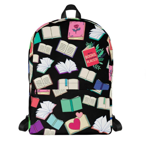 A backpack with illustrations of various books on a black background