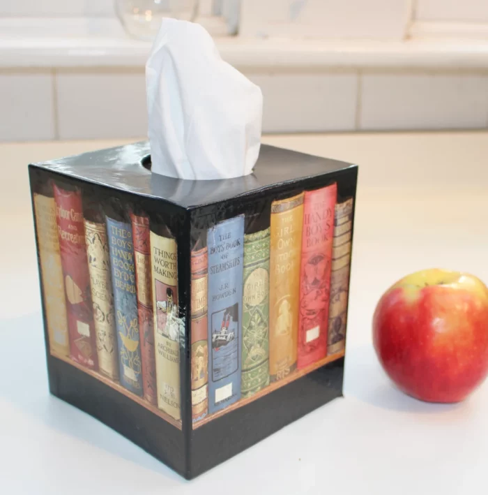 Tissue box holder with children's books on it and a red apple next to it