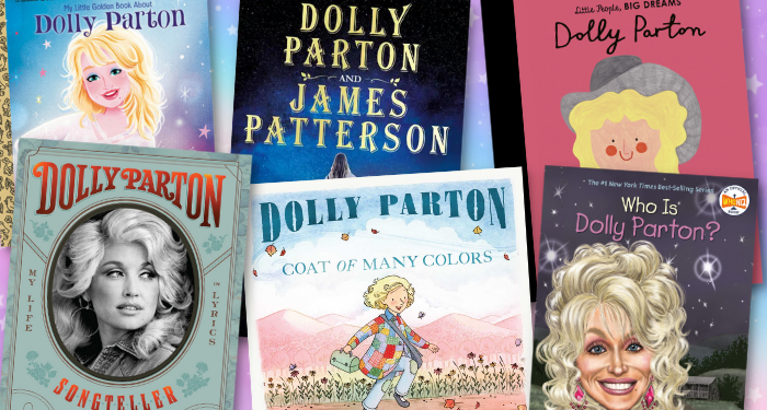 a collage of books by and about Dolly Parton