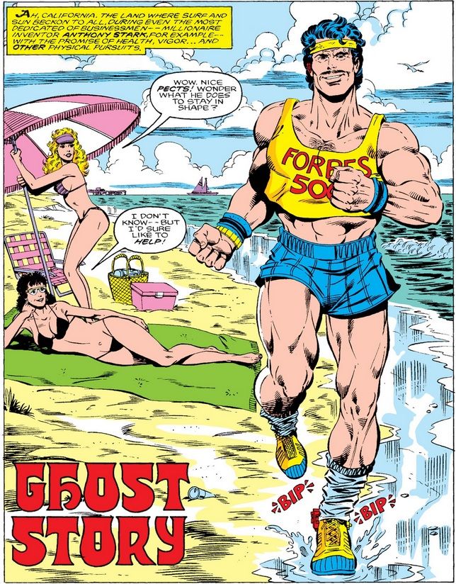 From Iron Man #219. Two bikini-clad women admire Tony as he jogs by wearing a midriff-baring shirt, tiny shorts, and baggy socks.
