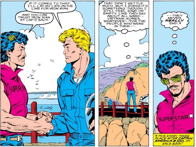 From Iron man #238. Tony and Steve shake hands, then Steve rides away on a motorcycle. Tony's shirt is sleeveless and violently pink.