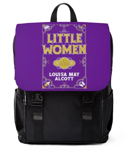 Küçük Kadınlar'ın kapağını içeren mor kapaklı siyah bir sırt çantası